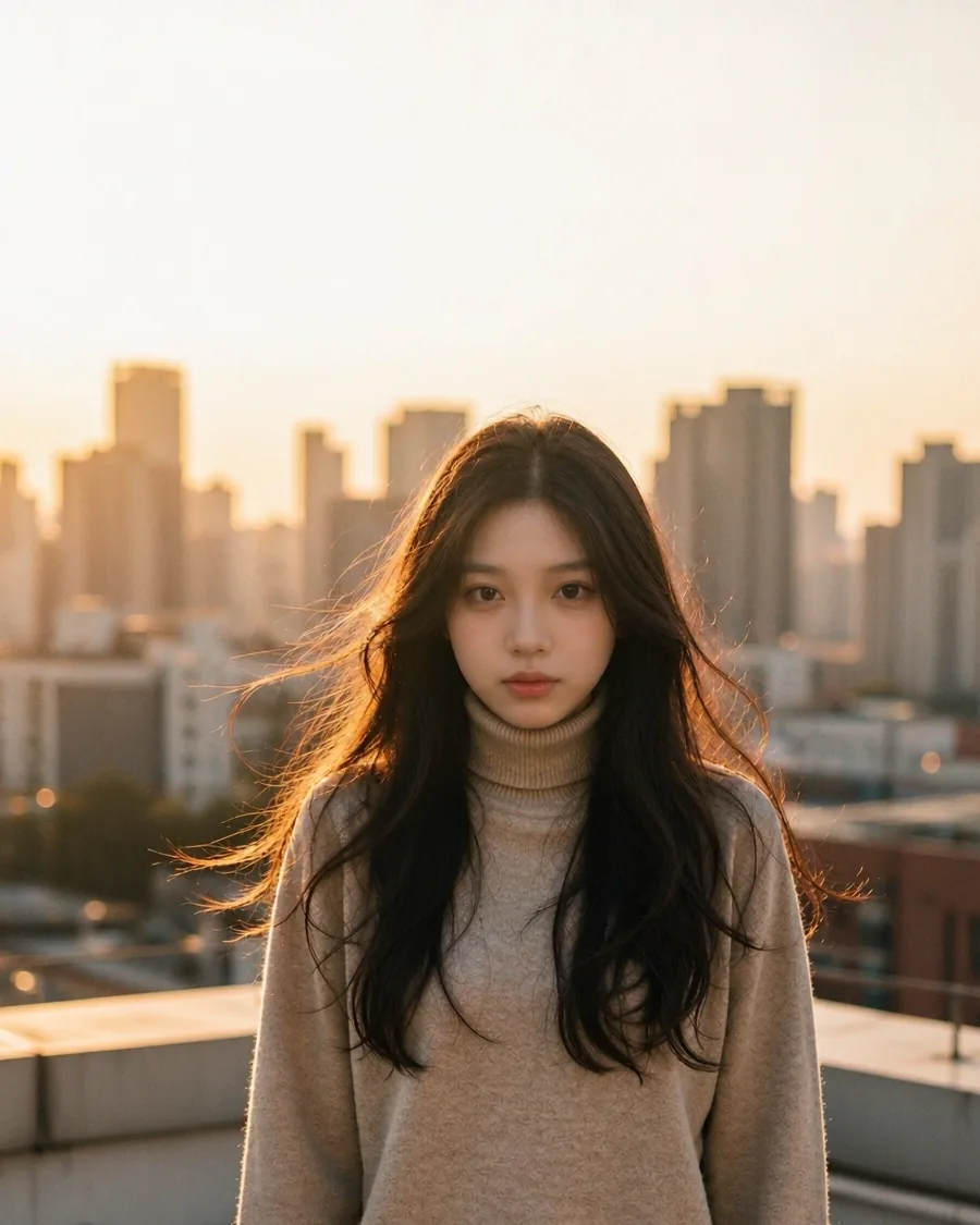 Result: the same woman on a sunlit rooftop at golden hour