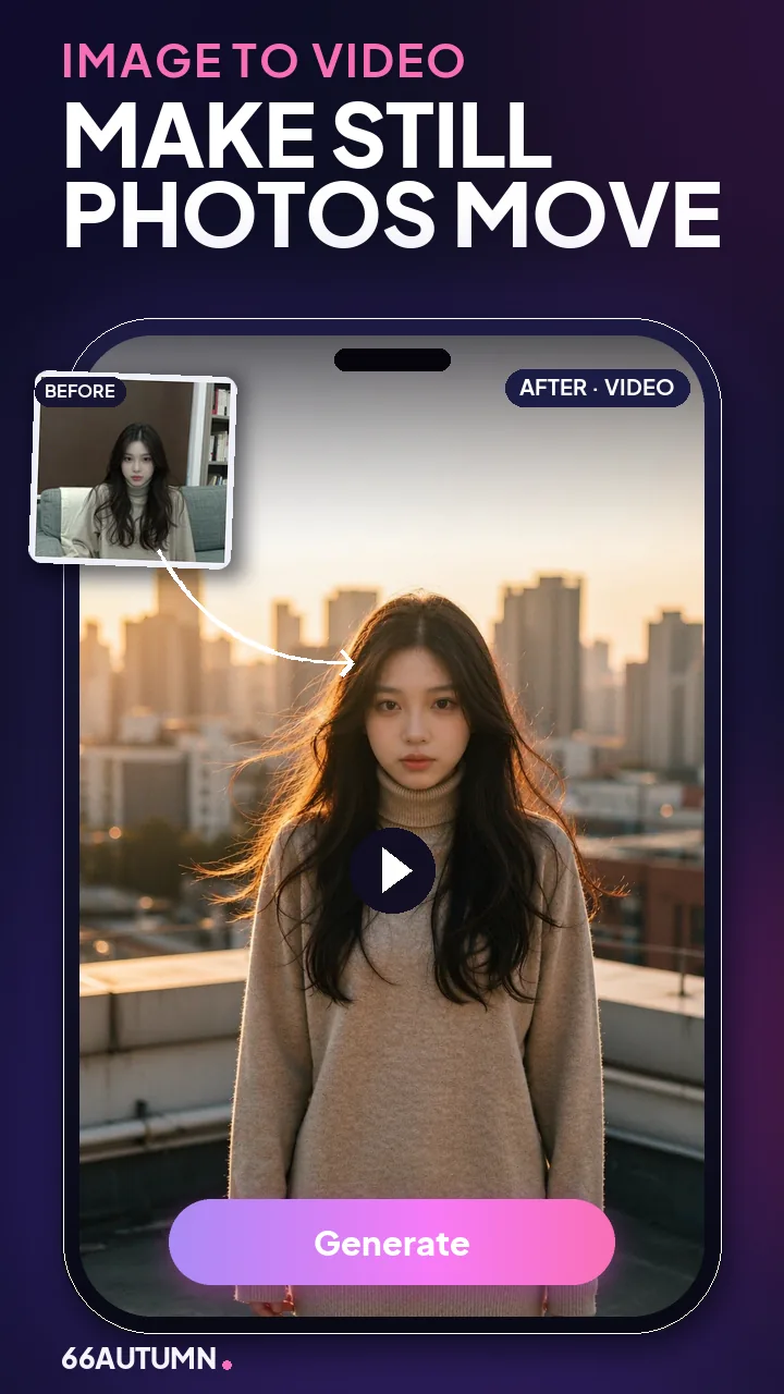 Our app’s Image to Video screen: a casual living-room snapshot turned into a sunlit rooftop moment, with the Generate button below.